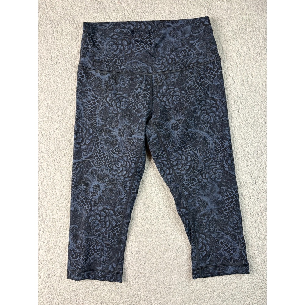 Lululemon Athletica Leggings Women's SZ 8 Black Grey Floral Ribbed High Waisted